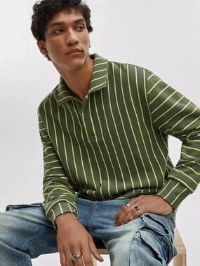 Mode Of One Men's Long Sleeve Green Striped French Terry Shirt 100% Cotton Small